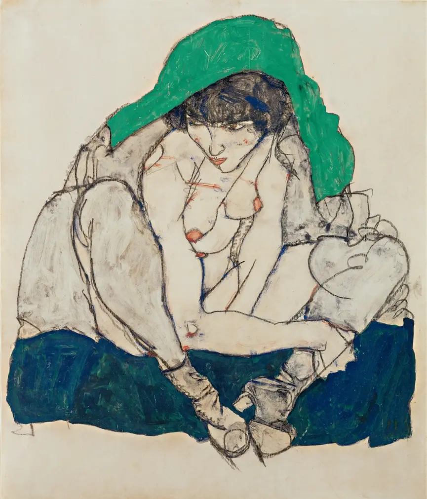 Crouching Woman with Green Headscarf 1914 Schiele