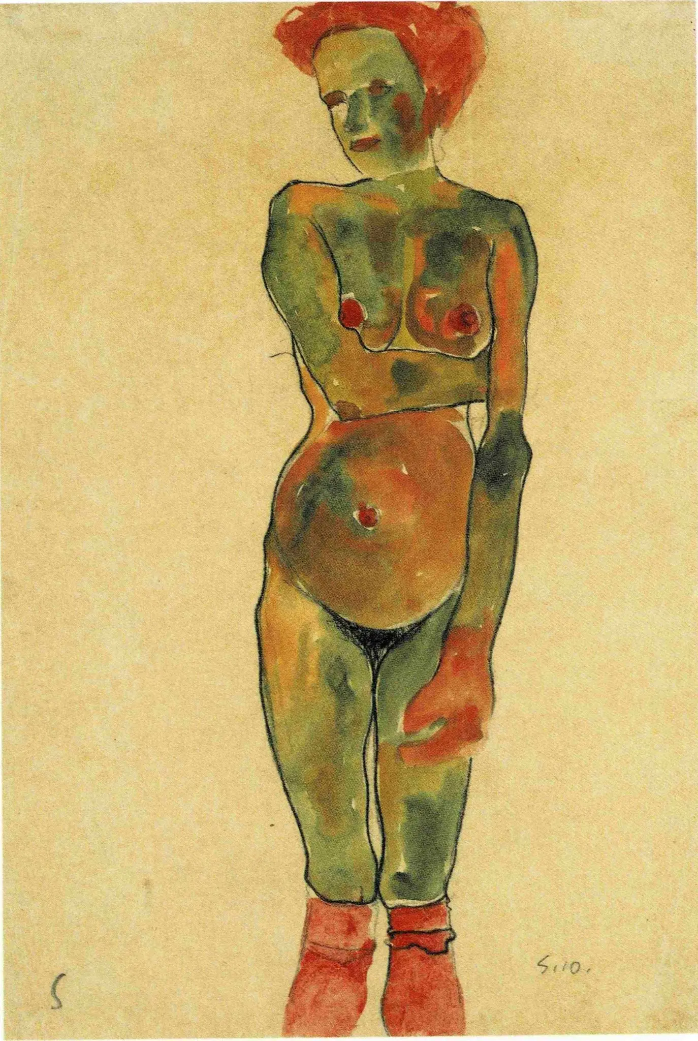 Standing Female Nude with Red Stockings 1910 Egon Schiele