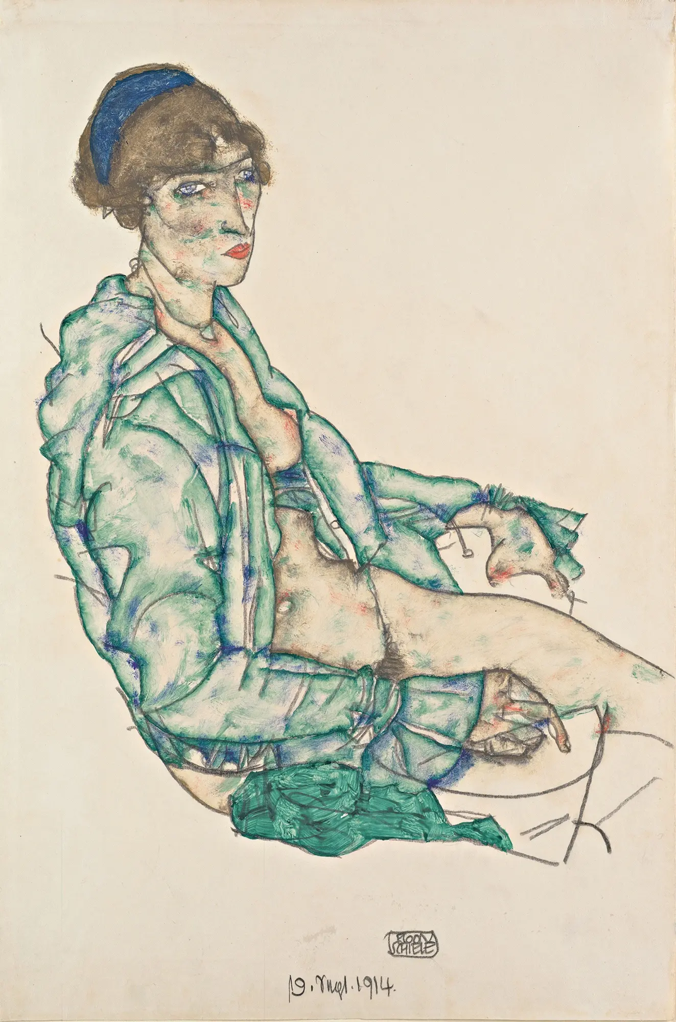Seated Woman with Green Blouse and Blue Headband 1914 Schiele