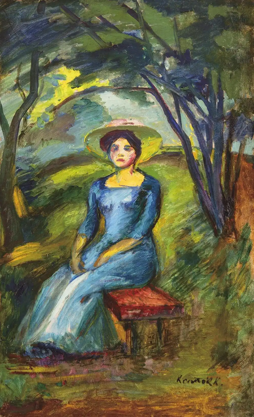 Woman in Hat sitting on Bench in the Nyerges Garden (around 1908–1909)  – Károly Kernstok