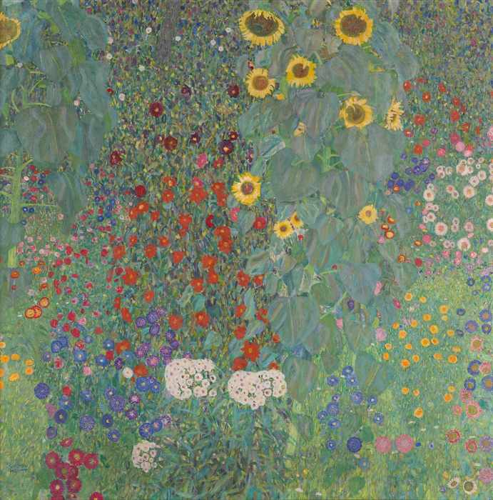 Oil on canvas painting of a dense cottage garden with prominent sunflowers and a mosaic-like carpet of colorful blossoms by Gustav Klimt, 1908. Catalogue raisonné Tobias G. Natter no. 180.