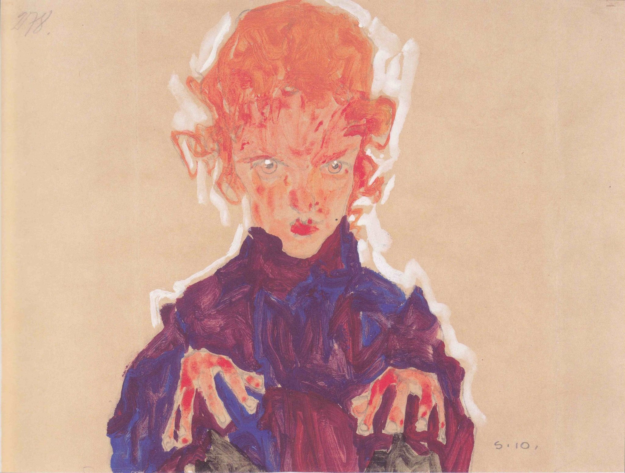 Watercolor, gouache, and pencil drawing of a young girl looking forward with lifted hands by Egon Schiele, 1910. Catalogue raisonné Jane Kallir d415, formerly in the Arthur Roessler collection.