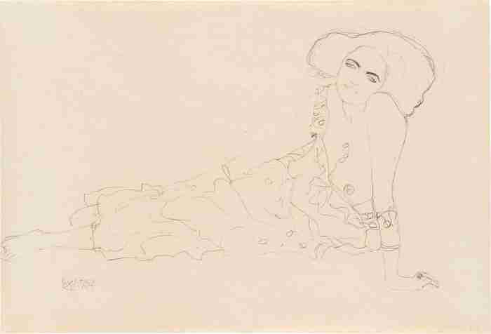 Pencil drawing of a half nude woman sitting upright with her eyes lowered by Gustav Klimt, 1910. Attributed by Dr. Marian Bisanz-Prakken (not in Strobl), formerly in the Rudolf Leopold collection.