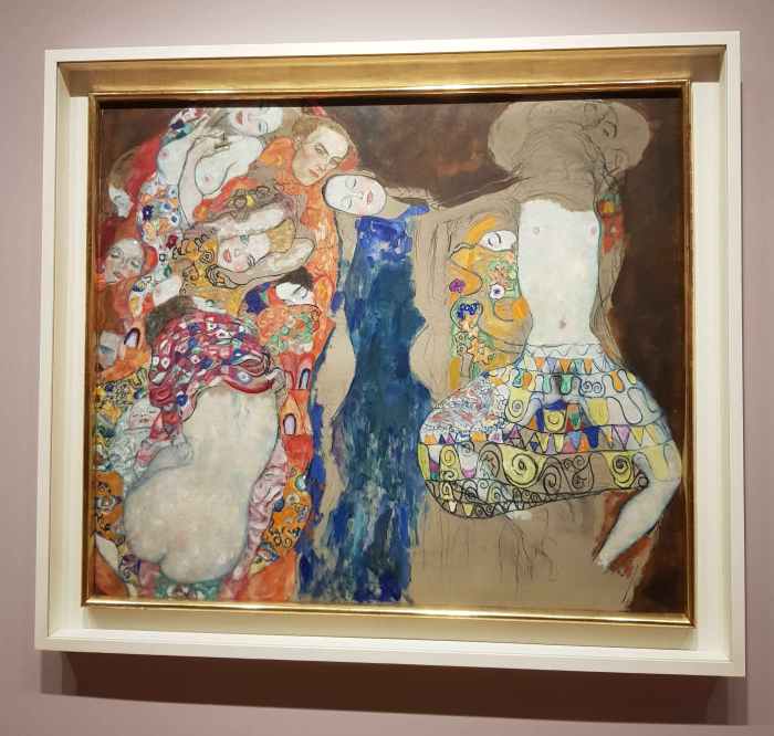 Framed oil on canvas painting, The Bride, Die Braut, by Gustav Klimt, 1917–1918. Natter no. 244, shown in its gallery frame.