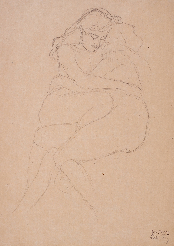 Black chalk on package paper drawing, Two Embracing Female Nudes, Zwei sich umarmende weibliche Akte, by Gustav Klimt, 1903–1904 / 1909. Leopold Museum, Vienna. Strobl s1937