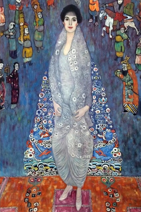 An amateurish oil painting mimicking Gustav Klimt's style, depicting a woman in a decorated robe against a patterned background. [Medium/Technique] painting, Imitation of Portrait of Baroness Elisabeth Bachofen‑Echt, by Unknown Artist, circa 2020.