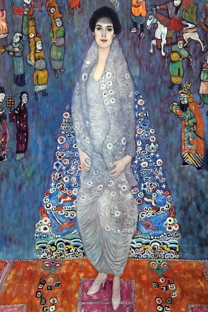 An amateurish oil painting mimicking Gustav Klimt's style, depicting a woman in a decorated robe against a patterned background. [Medium/Technique] painting, Imitation of Portrait of Baroness Elisabeth Bachofen‑Echt, by Unknown Artist, circa 2020.