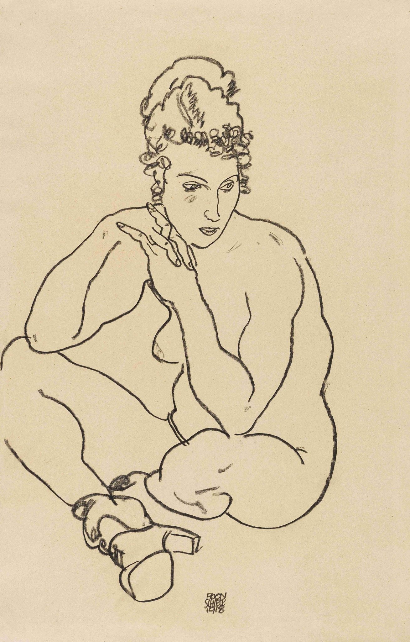Black chalk drawing, Seated Female Nude, Arms Resting on Knees, Legs Crossed, Sitzender weiblicher Akt, die Arme auf die Knie gestützt, die Beine verschränkt, by Egon Schiele, 1918. Catalogue raisonné: Kallir d2314