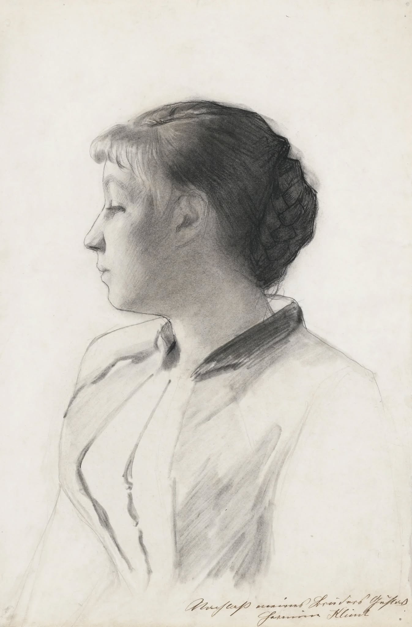 Charcoal, black Conté crayon and pencil drawing of a girl in profile by Gustav Klimt, c. 1887–1888. Christie’s 2008 auction, not in Strobl catalogue raisonné.