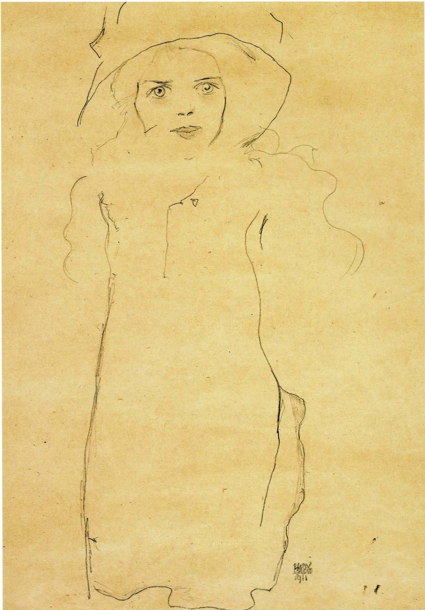 Pencil drawing, Lady with a Hat and a Coat, Dame mit Hut und Mantel, by Egon Schiele, 1911. Catalogue raisonné: Kallir d898