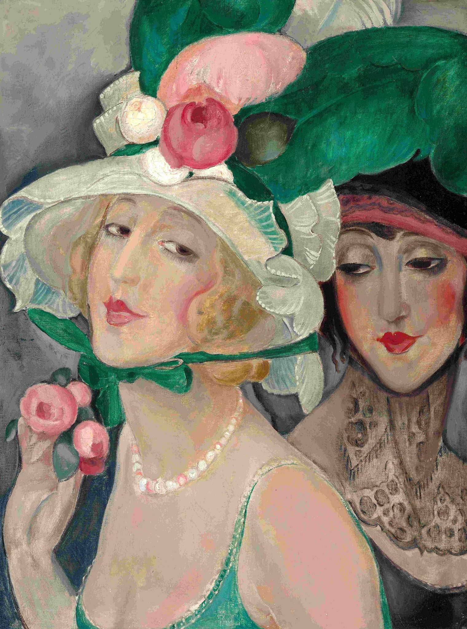 Oil painting, Cocottes with hats (Lili and friend), To kokotter med hatte, by Gerda Wegener, c. 1920.