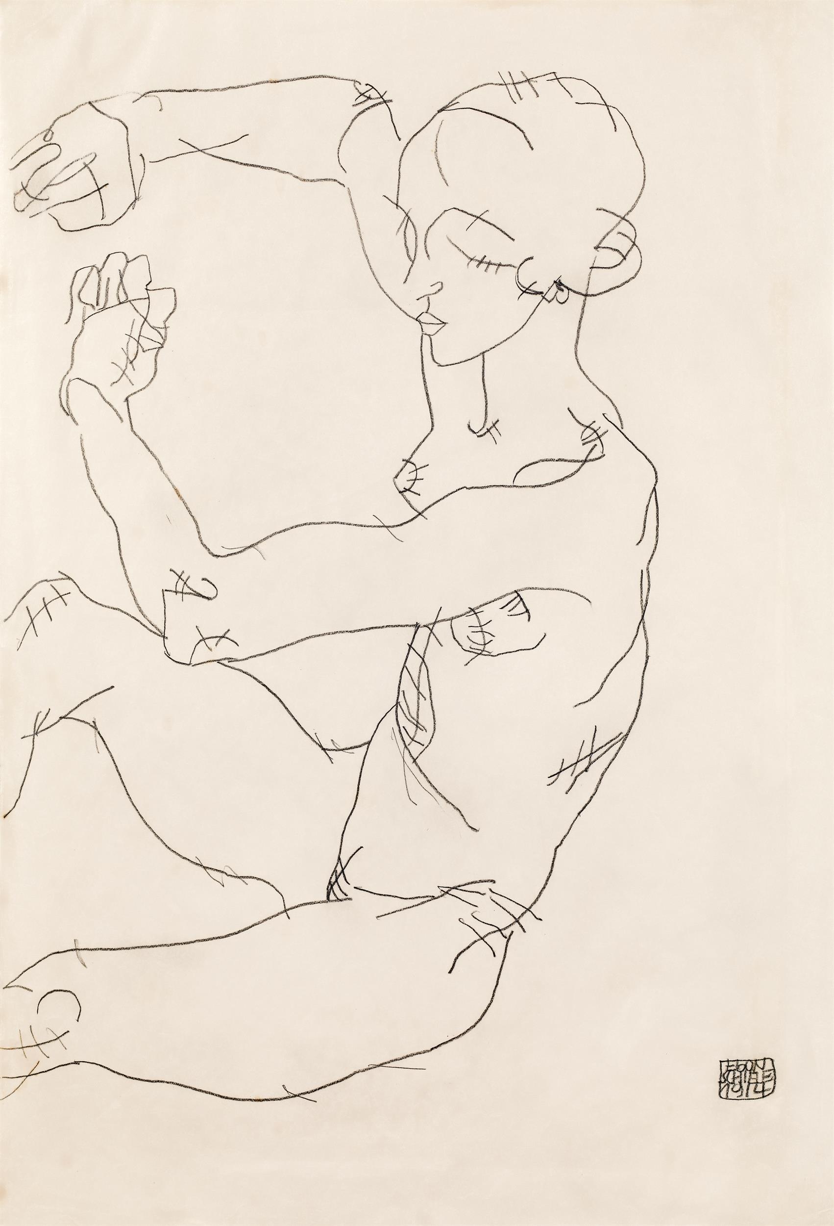 Pencil drawing of a sitting nude woman with raised arms and her head gently inclined by Egon Schiele, 1914. Catalogue raisonné Jane Kallir d1555a, auctioned at im Kinsky.