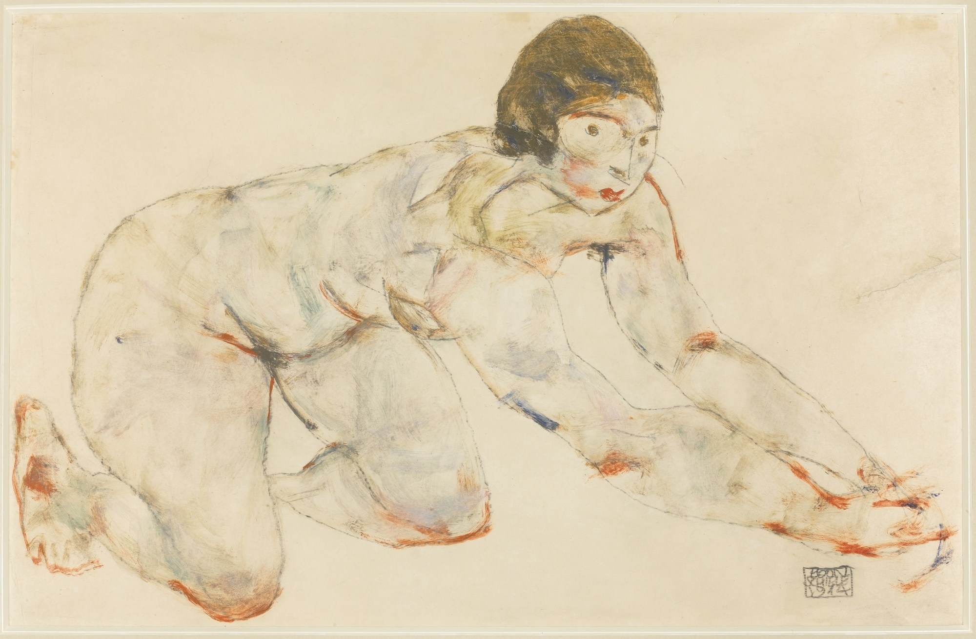 Gouache, watercolour and black chalk drawing, Crouching Female Nude, Kauernder weiblicher Akt, by Egon Schiele, 1914. Catalogue raisonné: Kallir d1561.