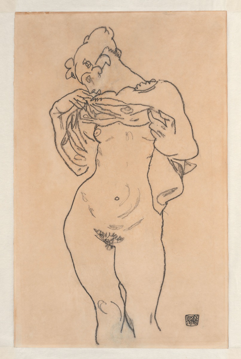 black chalk drawing, Standing Female Nude, Stehender weiblicher Akt, by Egon Schiele, 1918. Kallir d2366