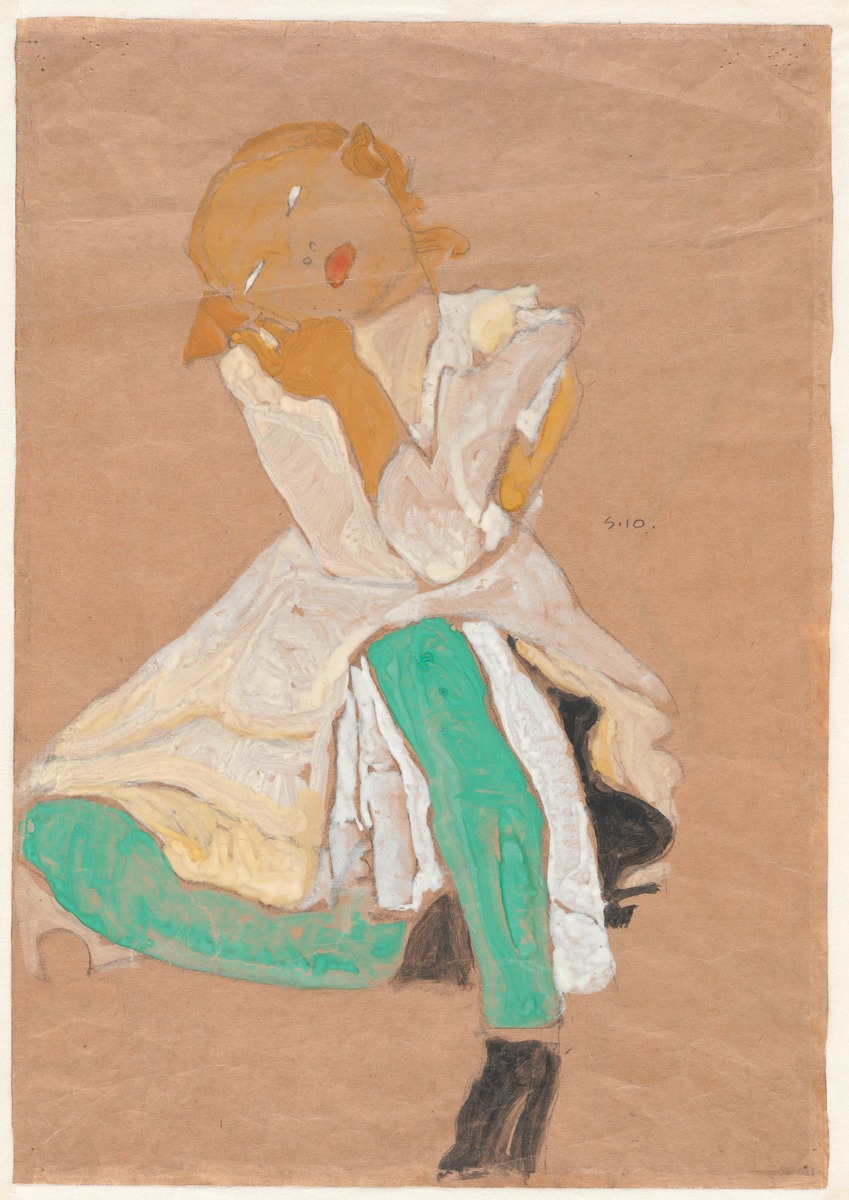 gouache and chalk drawing, Crouching Girl, Kauerndes Mädchen, by Egon Schiele, 1910. Kallir d424