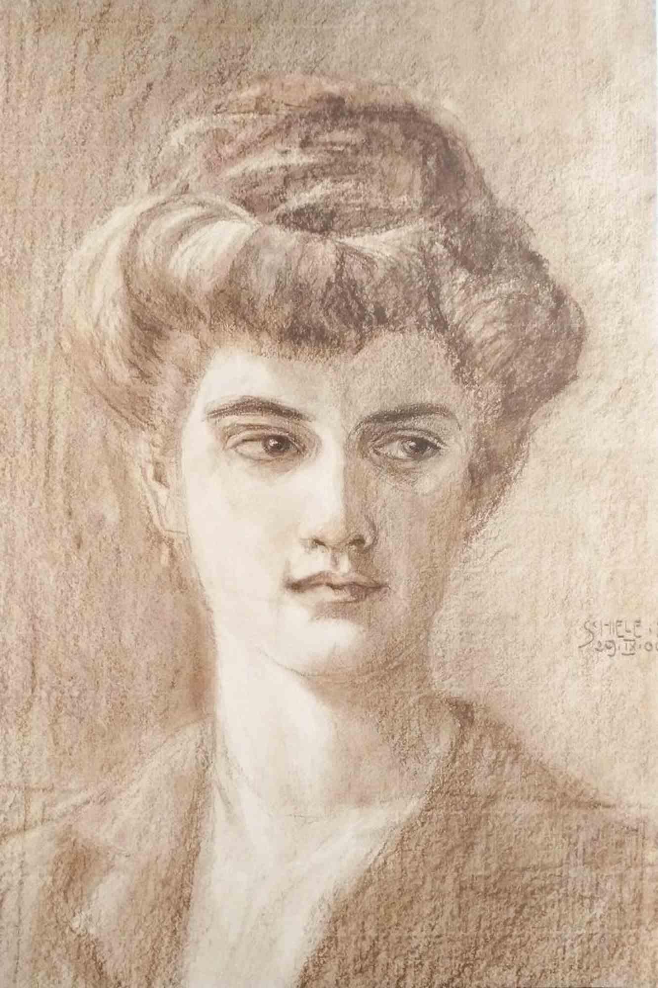 Sanguine and charcoal drawing, full sheet view with shaped margins, Portrait of Melanie Schiele, Bildnis Melanie Schiele, by Egon Schiele, 1906. Catalogue raisonné Jane Kallir d7, Academy admission drawing.