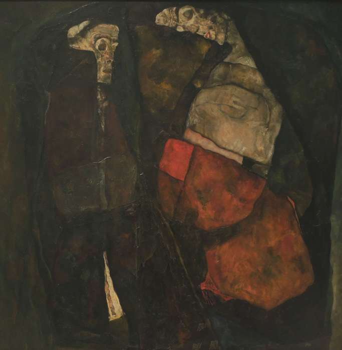 Oil on canvas painting, Pregnant Woman and Death, Mutter und Tod, by Egon Schiele, 1911. Kallir P202, in the collection of the National Gallery in Prague.