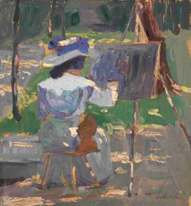 Oil on thin cardboard painting of an anonymous woman sitting outdoors at an easel by Egon Schiele, 1907. Catalogue raisonné Jane Kallir P49, formerly in the collection of Dr. Alfred Spitzer.
