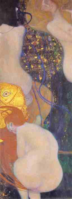 Oil painting, Goldfish, Goldfische, by Gustav Klimt, 1901–1902. Österreichische Galerie Belvedere, Vienna. A vertical composition with a nude female figure turned away from the viewer, surrounded by ornamental fish and decorative aquatic motifs.
