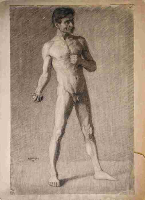 Charcoal and pencil drawing on paper, Standing Male Nude, Stehender männlicher Akt, by Karl Zakovsek, 1907. Private collection (Zakovsek family archive).
