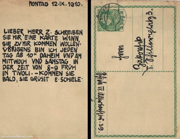 Handwritten postcard, Autograph Postcard from Egon Schiele to Karl Zakovsek, by Egon Schiele, 1910. Private collection (Zakovsek family archive).