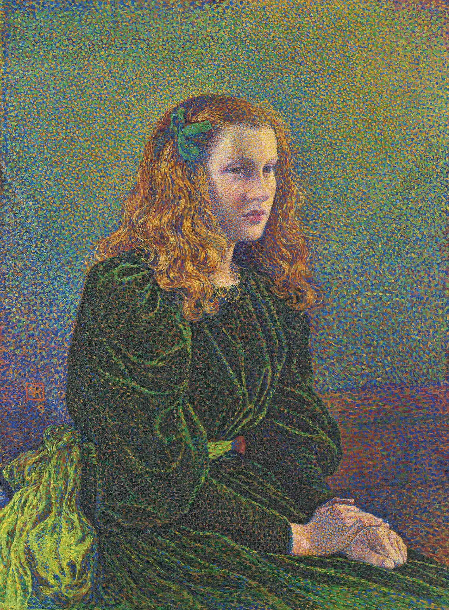 Oil painting, Young Woman in a Green Dress, Jeune femme en robe verte, by Théo van Rysselberghe, 1893. A young woman seated in three‑quarter view wearing a green dress, shown against a plain interior. Exhibited at Les XX in 1893 and at the Vienna Secession in 1899.