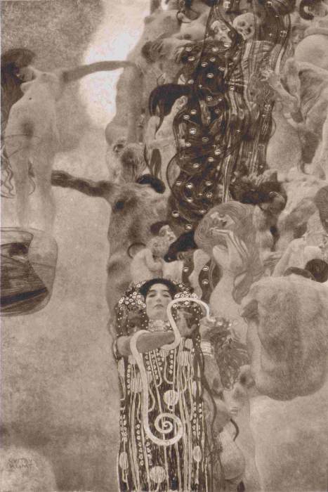 Archival photo of an oil on canvas painting, 430 x 300 cm, Medicine, Medizin, by Gustav Klimt, 1901–1907. University of Vienna. A powerful composition featuring a dense vertical column of intertwined naked bodies representing life and death, a floating nude female figure representing the River of Life, and Hygieia, the goddess of health, standing at the bottom center in a red and gold robe with a snake coiled around her arm.