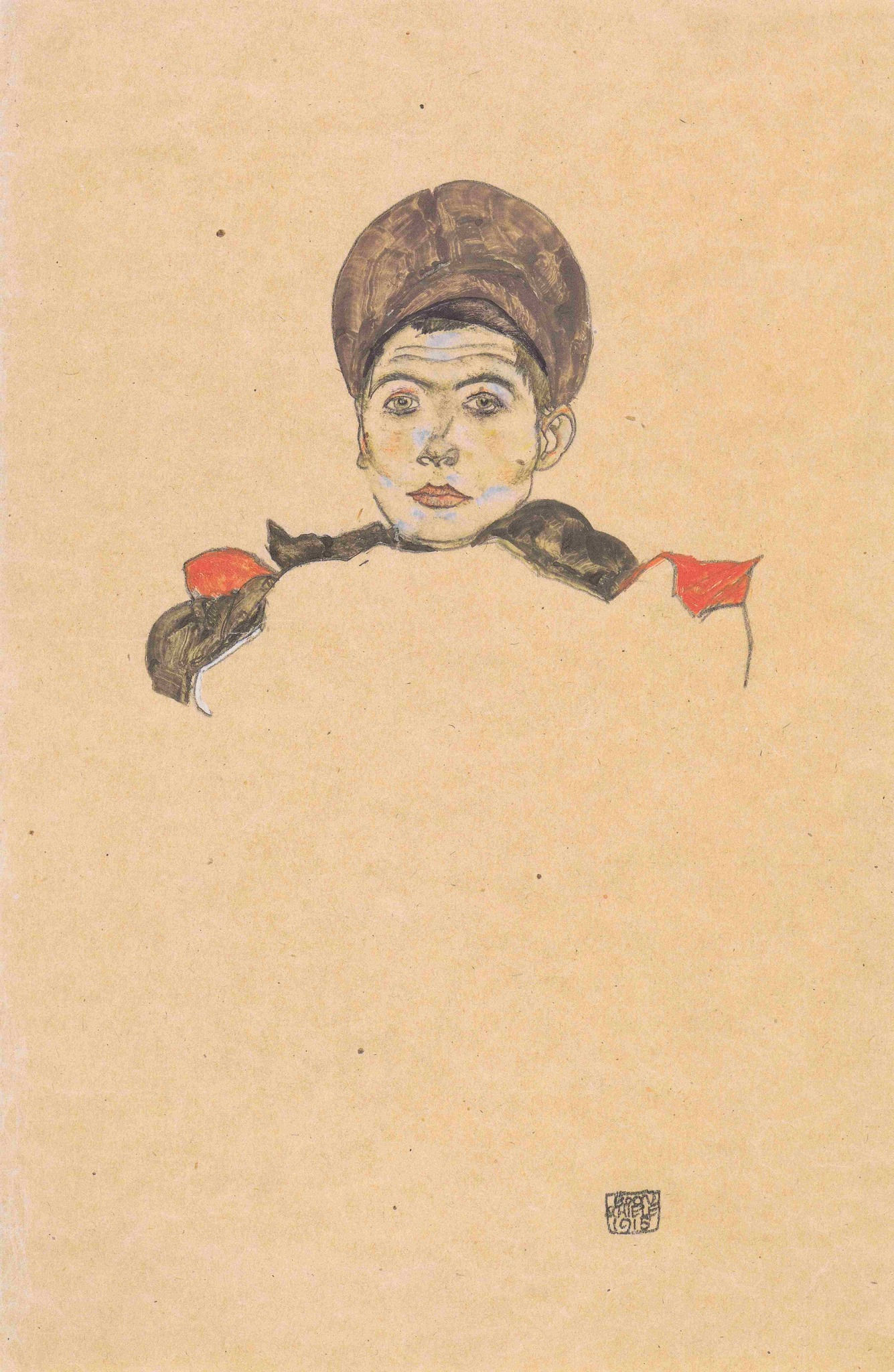 Gouache and black crayon drawing, Portrait of a Russian Soldier, Russischer Kriegsgefangener, by Egon Schiele, 1915. Staatliche Graphische Sammlung Munich. A seated soldier in a dark military uniform looking slightly away with a weary expression. Kallir d1773
