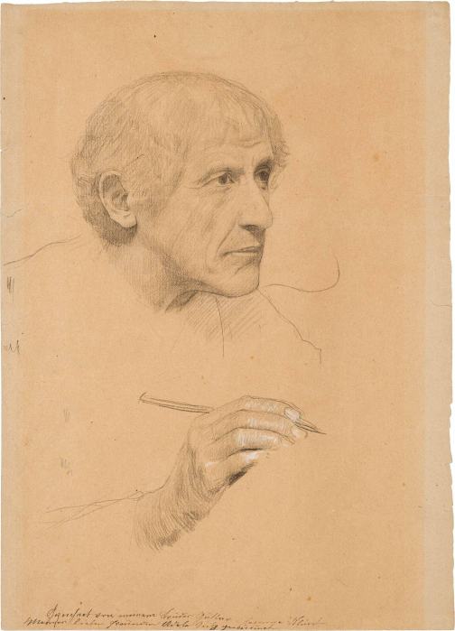 black chalk drawing, Bust Portrait of a drawing Man in three-quarter Profile from the Right, Brustbild eines zeichnenden Mannes im Dreiviertelprofil von rechts, by Gustav Klimt, 1879. Framed. A young man shown in three‑quarter profile, head turned slightly to the right, rendered with soft shading and white heightening. (Strobl s31)