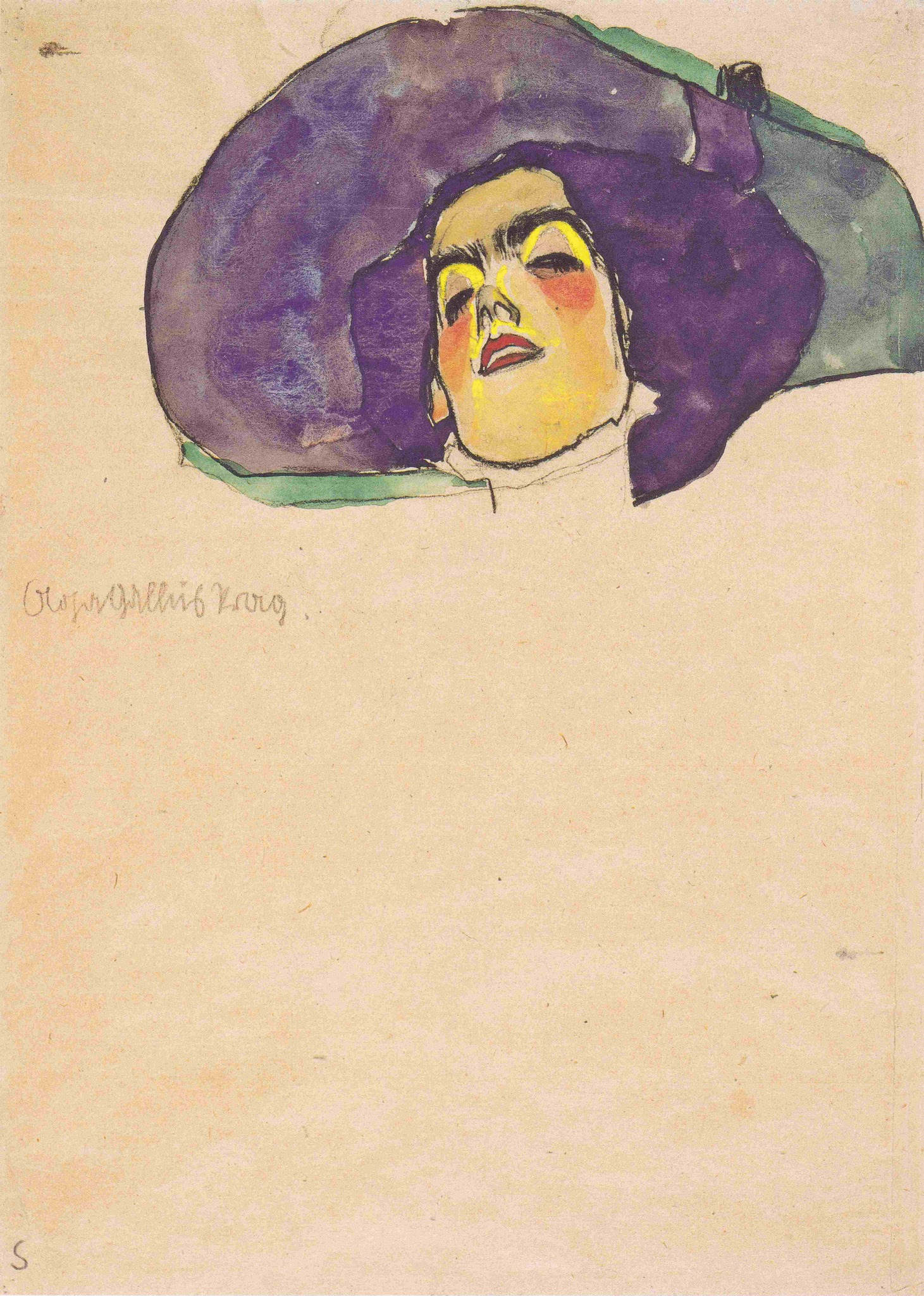 Watercolor and black crayon drawing, Portrait of Aga Callus Prague, Bildnis der Aga Callus Prag, by Egon Schiele, 1910. Albertina, Vienna. Kallir d469