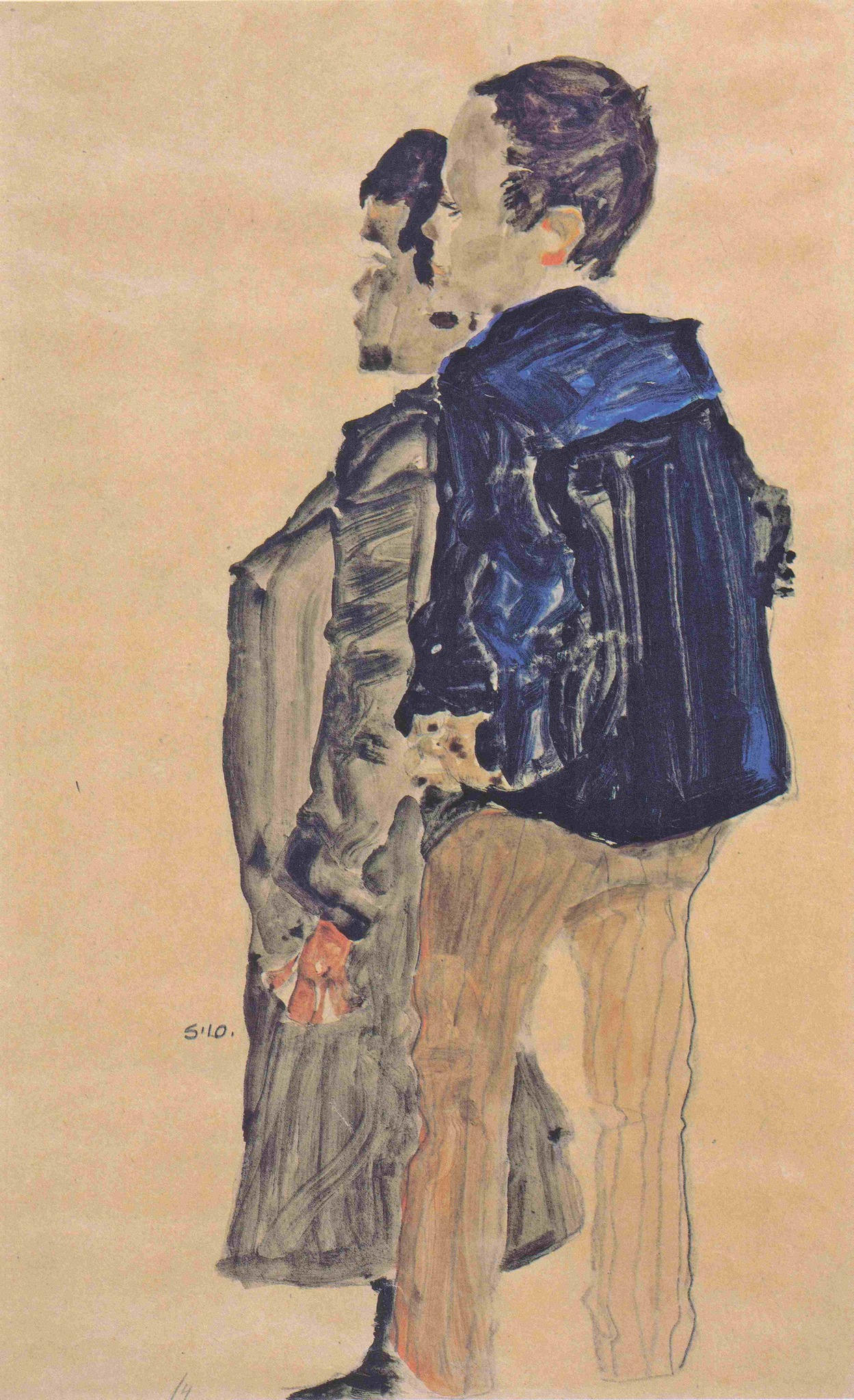 Mixed‑media drawing (gouache, watercolor, pencil), Two Children in Profile Facing Left (Zwei Kinder im Profil nach links), by Egon Schiele, 1910. Graphische Sammlung Albertina. Two children standing in left profile, rendered with sharp contour and muted washes. (Kallir d464)