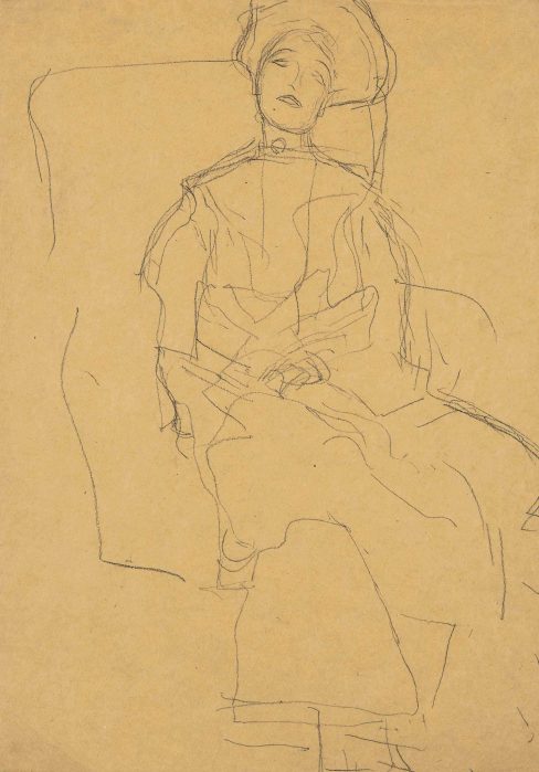 Black chalk drawing, Study for Portrait of Adèle Bloch-Bauer, Studie zu Bildnis der Adele Bloch-Bauer, by Gustav Klimt, 1907. Auctioned at Christie’s in 2017. Strobl s3521