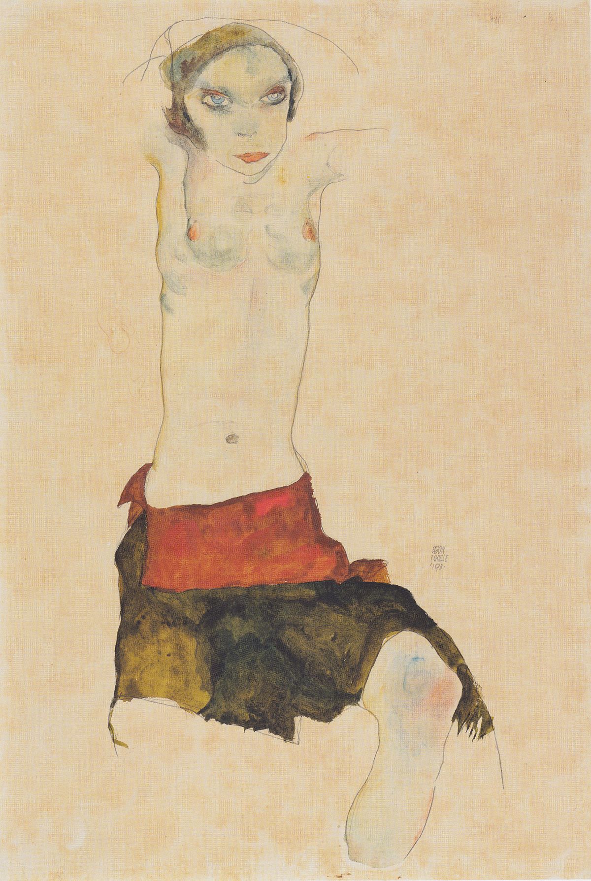 Gouache, watercolor, and pencil drawing, Semi‑Nude with Colored Skirt and Raised Arms, Halbakt mit farbigem Rock und erhobenen Armen, by Egon Schiele, 1911. Private collection. A figure standing with raised arms, wearing a vibrant green and red skirt, rendered with visible pencil contours and watercolor washes. Kallir d916