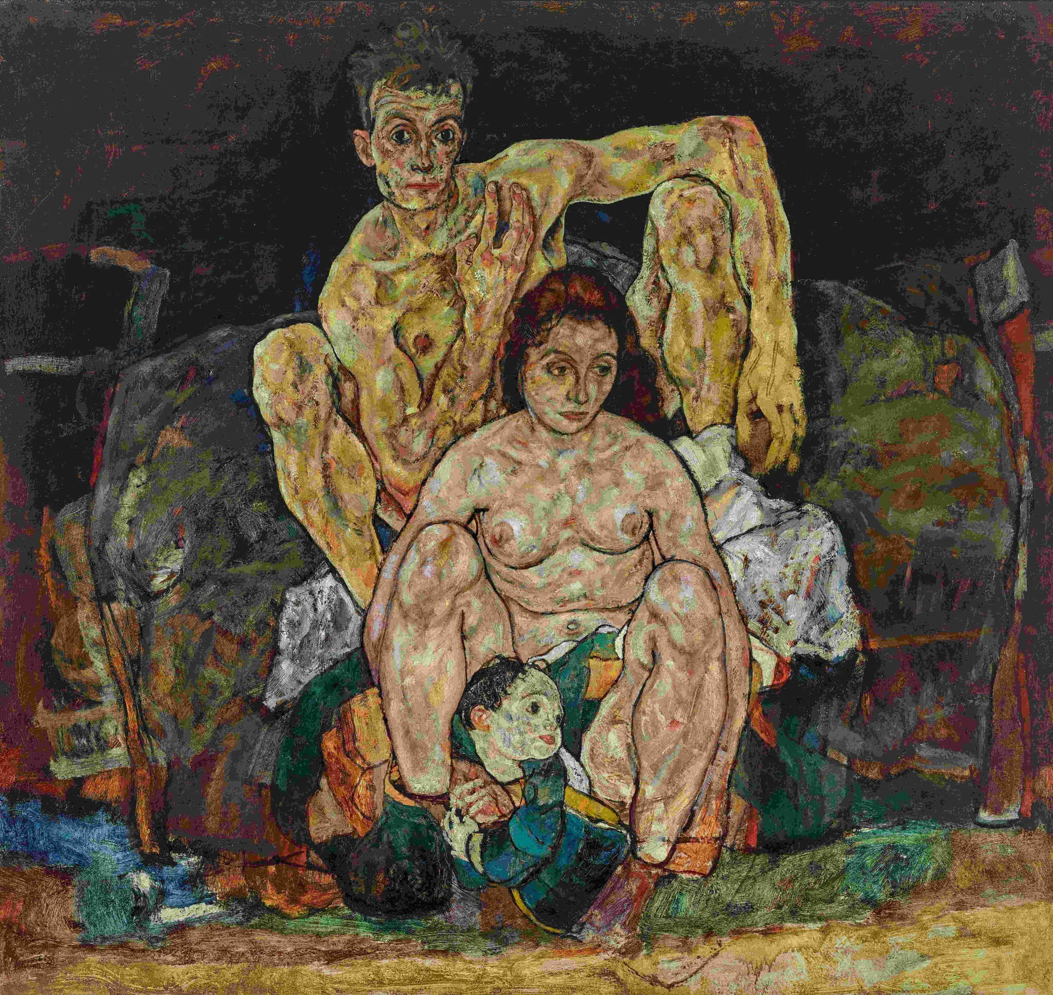 Oil on canvas painting, The Family, Die Familie, Squatting Couple, Kauerndes Menschenpaar, by Egon Schiele, 1918. Belvedere, Vienna. A naked man with Schiele's features, a naked woman looking down, and a child peeking from between her legs, crouching together in a dark studio setting. Kallir P326