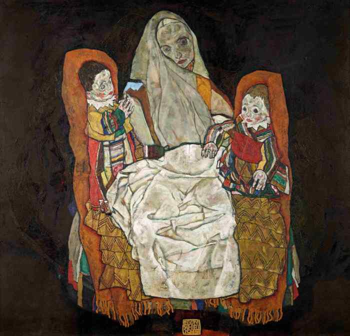 Oil on canvas painting, Mother with Two Children III, Mutter mit zwei Kindern III, by Egon Schiele, 1917. Belvedere, Vienna. The mother sits upright with two children leaning against her, wrapped in long orange blankets added in the later Vienna stage. (Kallir P303)
