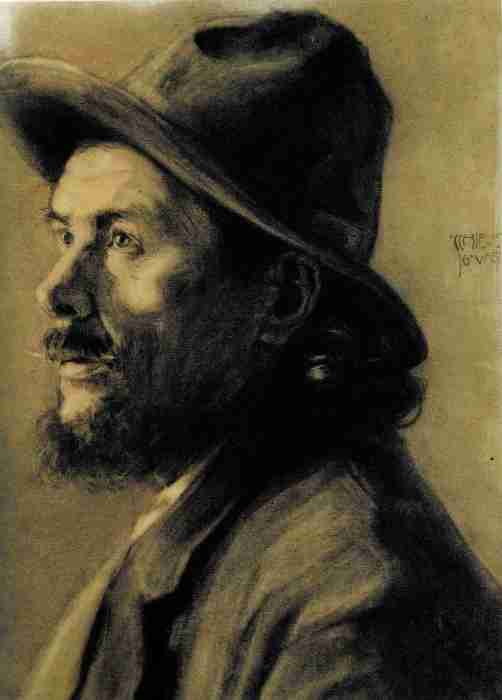 Charcoal drawing on paper, Head of a Bearded Man with a Hat, Männerkopf mit Hut, by Egon Schiele, 1907. Private collection. Catalogue raisonné: Kallir D138.
