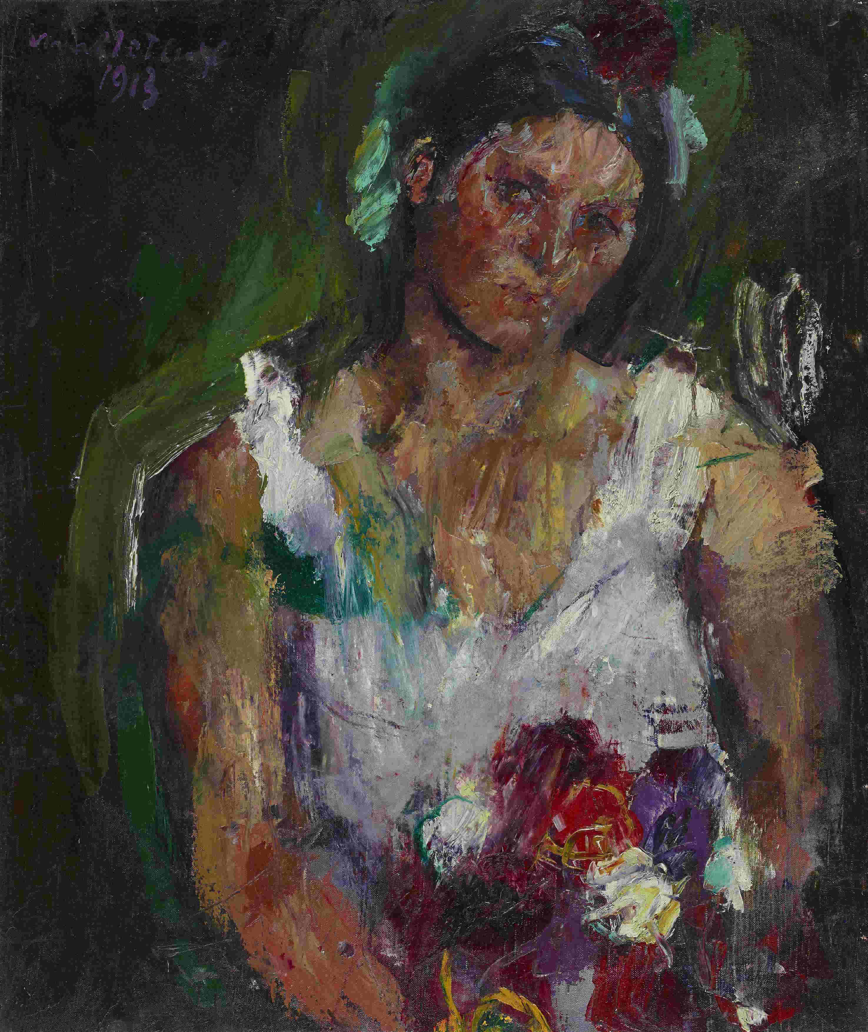 Oil painting, The Artist’s Wife with Flowers, Die Gattin des Künstlers mit Blumen, by Anton Kolig, 1913. Belvedere, Vienna. A modernist portrait of a seated woman, Katharina Kolig, holding a vibrant bouquet of flowers with a visible inscription indicating Ambleteuse in northern France.