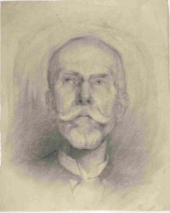  Pencil drawing, Male Portrait, Herrenporträt, by Anton Peschka, 1907. Wien Museum. A frontal pencil portrait of an elderly man with a bald head, a prominent white mustache and split beard, wearing a high-collared shirt and tie, executed with soft shading and featuring a faint signature in the bottom right corner. Pencil on paper, 42 × 34.2 cm. Inventory number 133240.