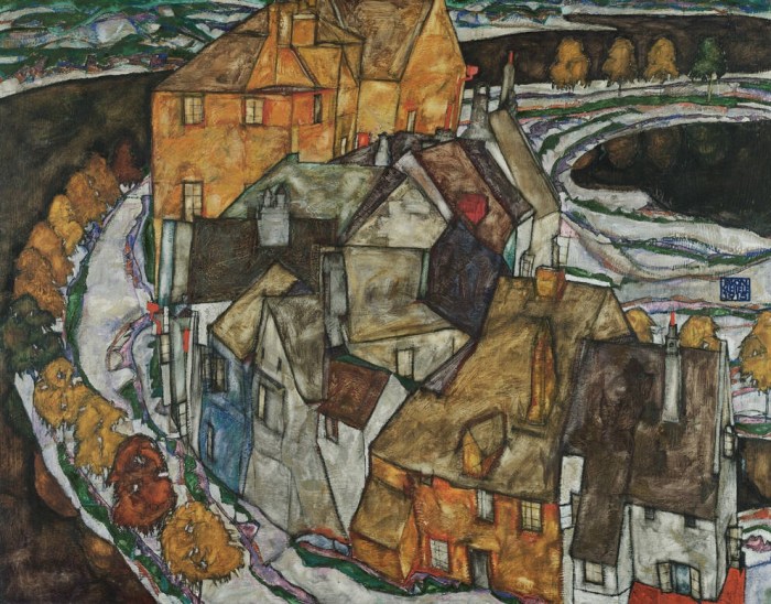 Oil on canvas painting, Island Town (Krumau Town Crescent II), Häuserbogen II (Inselstadt), by Egon Schiele, 1915. Leopold Museum
