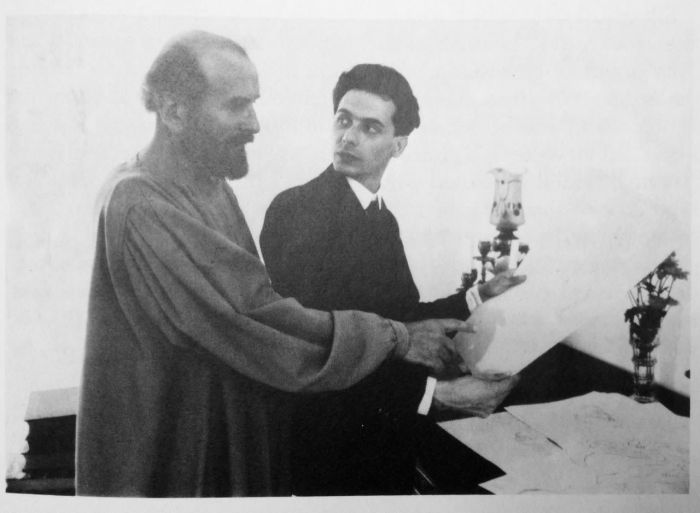 Black‑and‑white photographic film still, Klimt and Schiele in the studio, Klimt und Schiele im Atelier, by 1980 Austrian TV production Egon Schiele, 1980.
