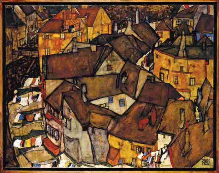 Oil on canvas painting, Krumau - Crescent of Houses (The Small City V), Krumauer Häuserbogen (Die kleine Stadt V), by Egon Schiele, 1915. The Israel Museum, Jerusalem. An elevated, compressed cityscape view of a curved, interlocking crescent of medieval houses with geometric roofs and facades, interspersed with laundry lines against a dark background. Catalogue raisonné: Kallir P 291.