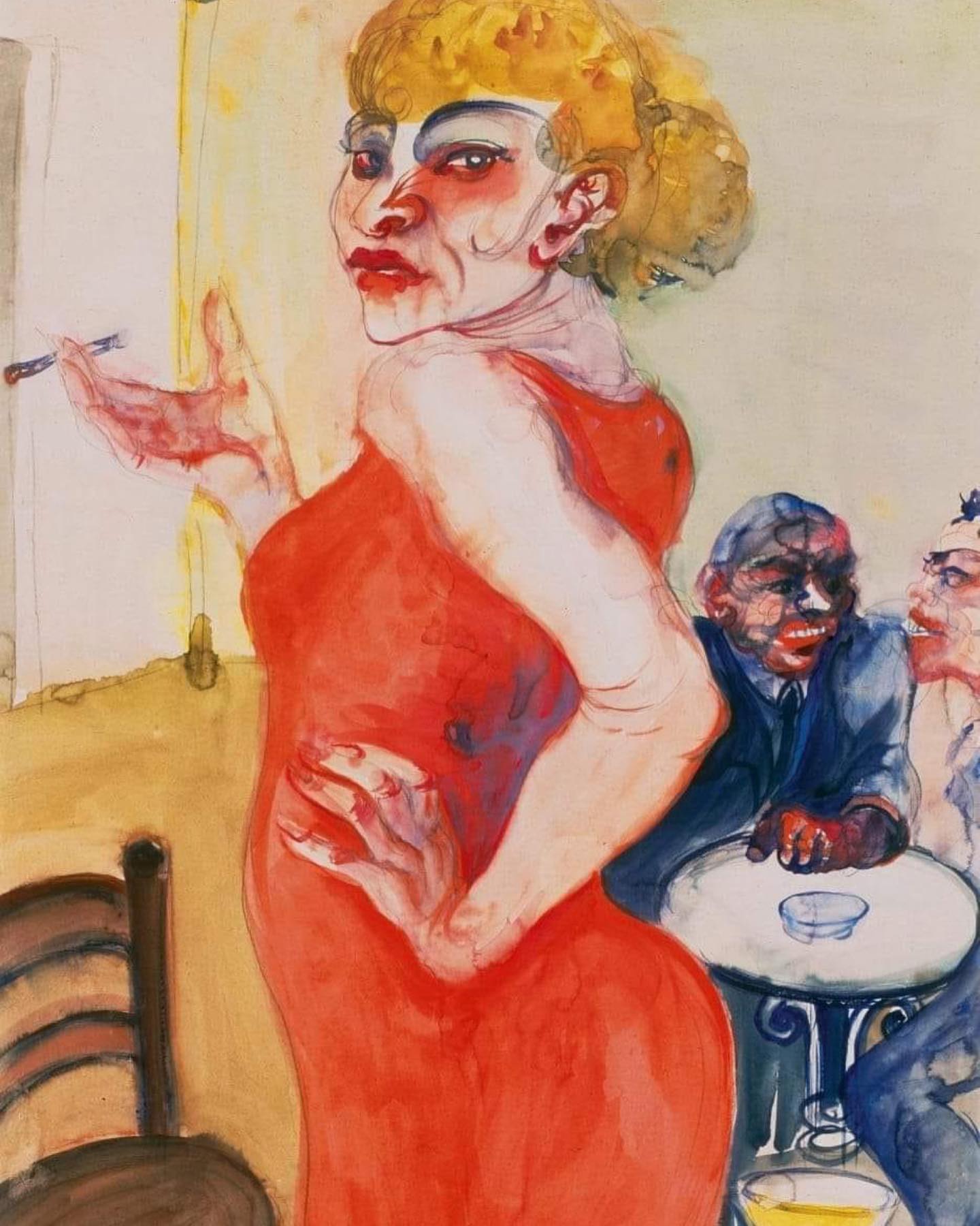 Watercolor over pencil on paper, Lissy, Lissy, by Elfriede Lohse‑Wächtler, 1931. A standing woman in a bright red dress, shown frontally with a steady gaze, one hand on her hip and the other holding a cigarette; two seated male figures appear sketchily in the background.