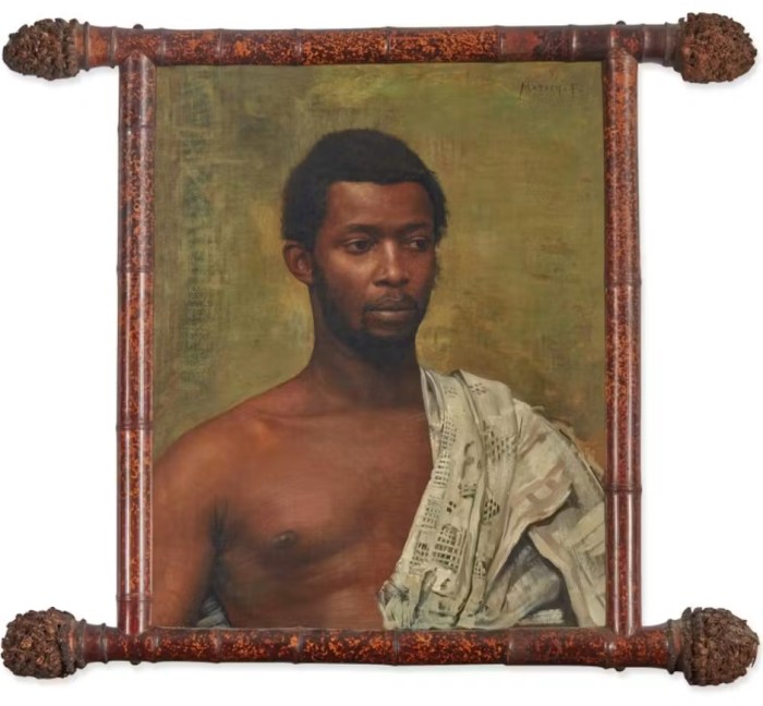 Oil on canvas painting, Portrait of Prince William Nii Nortey Dowuona, Portrait of an African Man, by Franz von Matsch, 1897. Musée National d'Archéologie, d'Histoire et d'Art (MNAHA), Luxembourg. A photographic-quality, frontal academic bust portrait of a Black man with a mustache and short hair, classical pose, draped in a light toga-like cloth leaving his right shoulder bare. Set against a simple clay-green background. Housed in an original, exotic bamboo frame crafted with bamboo root tubers protruding from the corners.