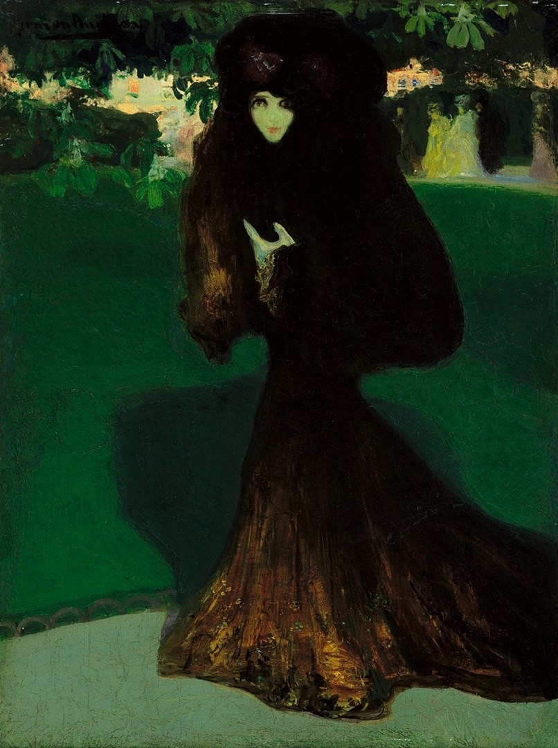 Oil on wood painting, Woman in a Garden, Mujer en el Jardín, by Hermen Anglada Camarasa, 1902. Colección de Arte ABANCA. A woman in a dark dress stands in the foreground with a pale face, looking forward. The background consists of a bright green garden with several figures in light-colored clothing.