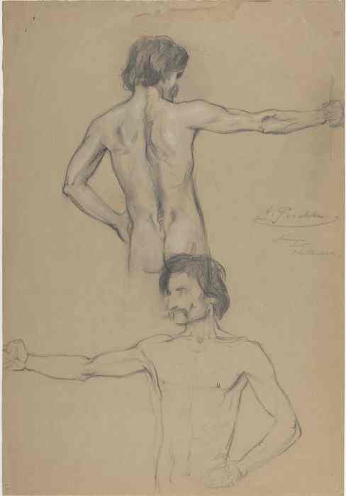 Pencil drawing, Study Sheet: Upper Body of a Male Nude, Studienblatt: Oberkörper eines männlichen Akts, by Anton Heinrich Peschka, around 1908. Wien Museum. A pencil sketch focusing on the muscular back and shoulders of a male nude figure, with one arm stretched sidewards, featuring handwritten notes on the right side. Inventory number 142540.