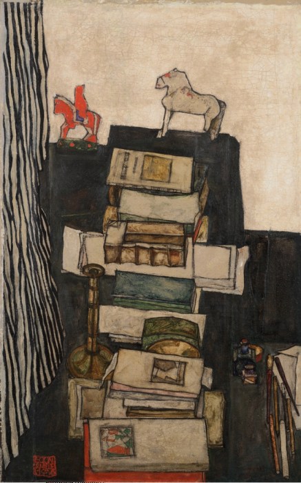 Oil on canvas painting, Still Life with Books, Stillleben mit Büchern – Der Schreibtisch des Künstlers, by Egon Schiele, 1914–16. Leopold Museum, Vienna. A sharply tilted desk with upright books, a brass candlestick, ink well, pens, blotting paper, and two wooden toy horses. (Kallir P297)