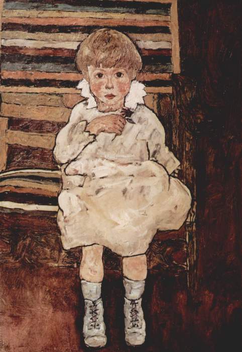 Oil on canvas painting, Portrait of a Boy II (The Artist's Nephew, Toni), Knabenbildnis II (Der Neffe des Künstlers, Toni), by Egon Schiele, circa 1918. Private collection. An expressionist portrait depicting a seated young boy with stylized features and visible linework. Kallir P 318.