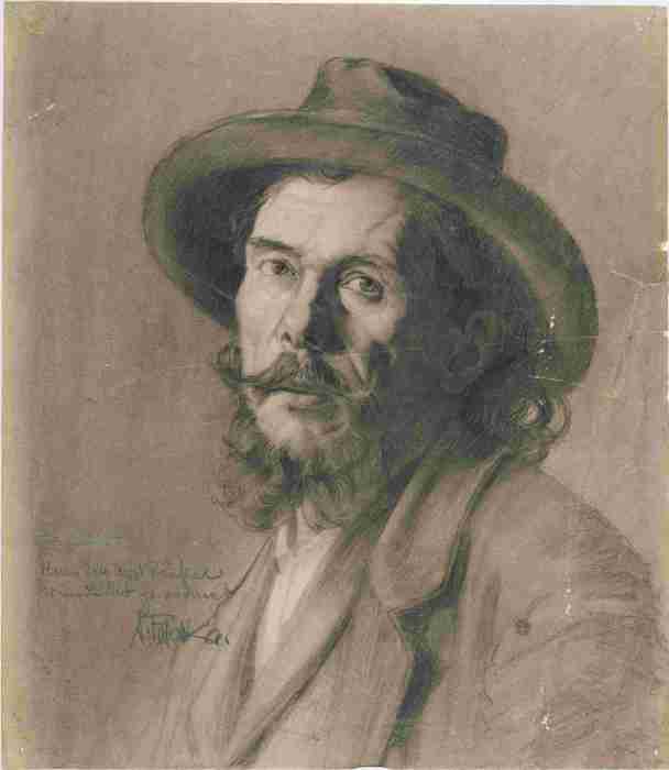 Charcoal drawing on paper, Academic Study of a Man with a Hat, Männerkopf mit Hut, by Anton Peschka, c. 1907. Wien Museum.