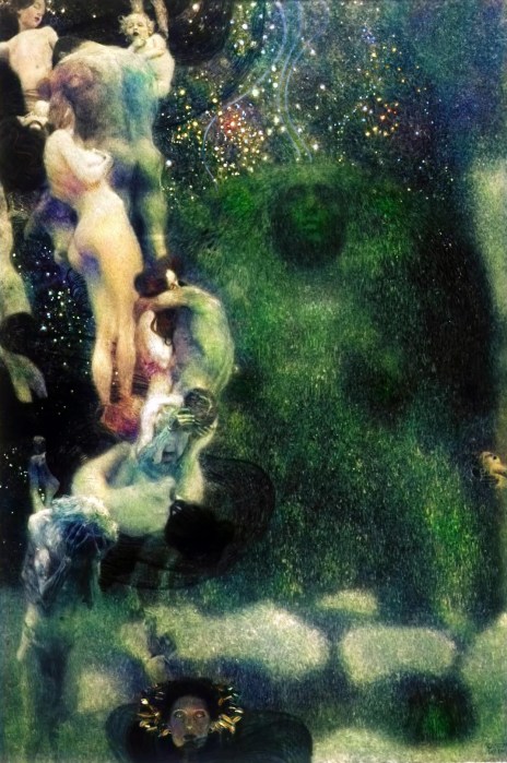 Digital reconstruction, Philosophy, Philosophie, by Gustav Klimt, 1899–1907. No museum (destroyed 1945). A tall column of intertwined human figures emerging from darkness, with a luminous female head at the upper right.