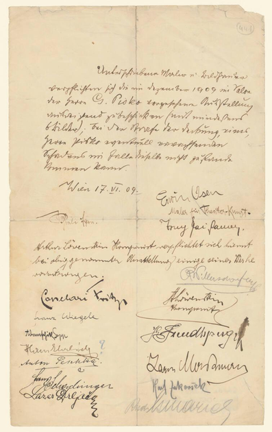 Black ink, pencil on paper drawing/painting, [English title] Agreement (warrant) issued by the artists belonging to the Neukunstgruppe for the exhibition at Salon Pisko,